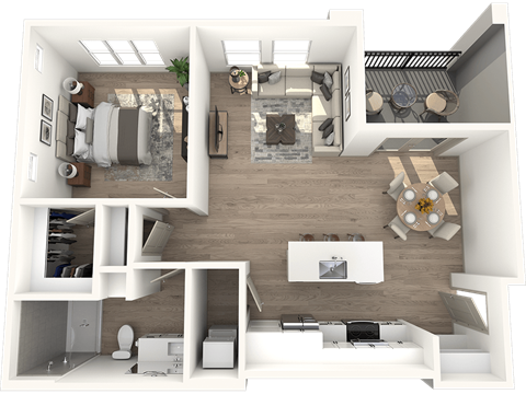Floor plan for 1 bed, 1 bath, 762 sqft